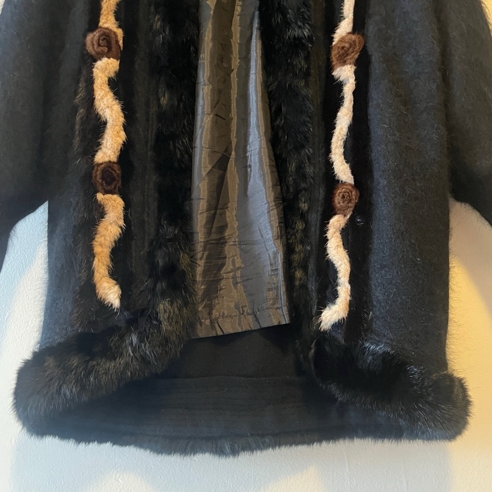 Vintage 80% Angora Rabbit Hair Bumber Coat Jacket Black Fur Trim Size Small - Picture 7 of 13